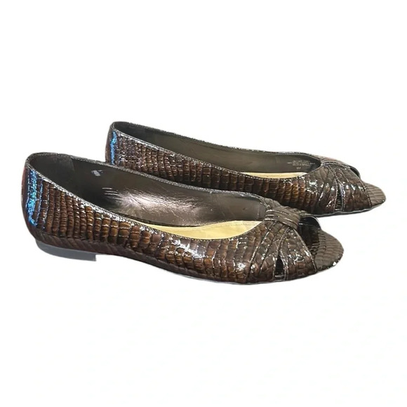 Alex Marie Leather Croc Embossed Open Toe Flats Brown Size 8 - Picture 3 of 9